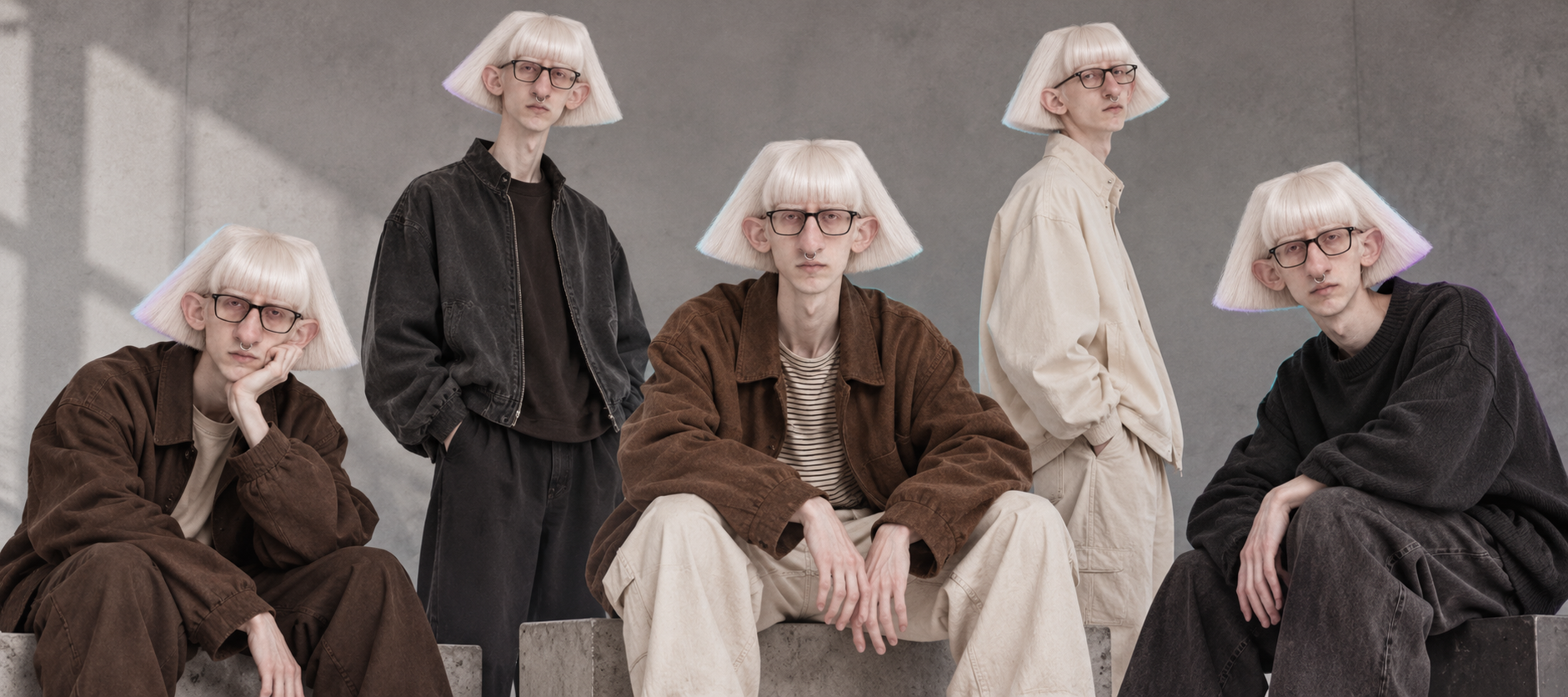 Five versions of Frank Albino posed together in a neutral editorial studio