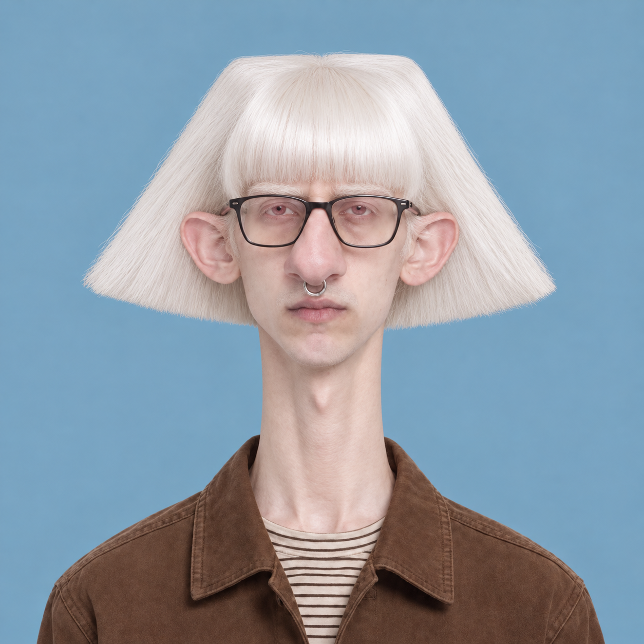 Frank Albino, a pale white-haired character wearing black glasses and a brown jacket